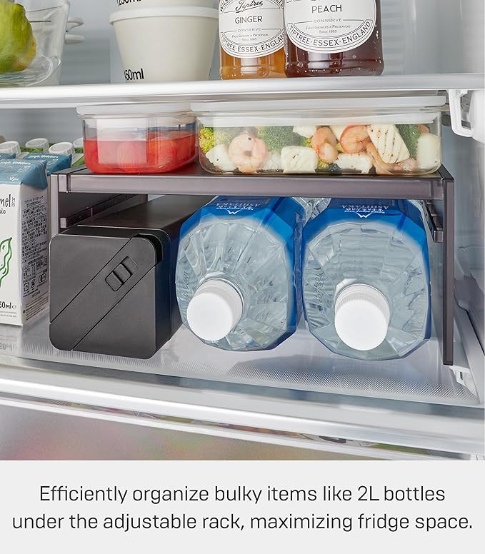 Yamazaki Home Tower Adjustable Extendable Refrigerator Storage Rack - 2-Level Height Adjustable Shelf For Fridge Organization - Customizable Width, Easy Assembly, Fits 2L Bottles - Plastic -