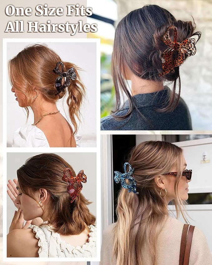 Mesovor 4 pack Cute Bow Claw Clip for Women, Nonslip Large Matte Strong Hold Bows Hair Clips for Thin and Thick Hair | Chic Hair Styling Accessories (Blue Leopard, Coffee Leopard)