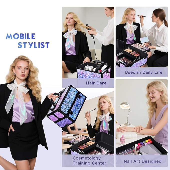 Stagiant Rolling Makeup Case Cosmetology Case on Wheels 4 in 1 Makeup Travel Case Extra Large Cosmetic Box with Key Make Up Artist Traveling Storage Nail Case Salon Barber Cart Trunk Shiny Purple