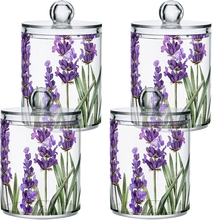 4 Pack Qtip Holder Dispenser Purple Lavender Watercolor Flower Cotton Ball Cotton Swab Round Pads Floss Clear Bathroom Storage Containers Plastic Apothecary