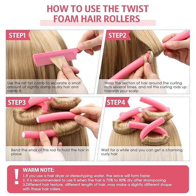 Syhood 30 Pcs Flexible Curling Rods 9.45 Twist Foam Rollers Soft Foam No Heat Hair Rods Rollers and 1 Steel Pintail Comb Rat Tail Comb for Women Long Short Hair(Pink,9.45 x 0.63 Inch)