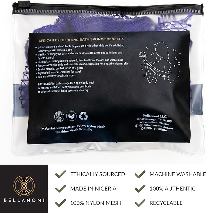 Bellanomi African Exfoliating Net Sponge Authentic Ethically Sourced from Nigeria 45 inch Long (Navy Blue)
