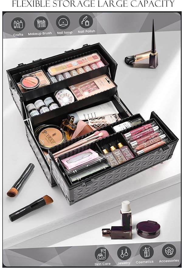 Joligrace Makeup Train Case Professional Cosmetic Organizer Aluminum Storage Box with 4 Adjustable Dividers Trays Lockable Portable with Shoulder Strap
