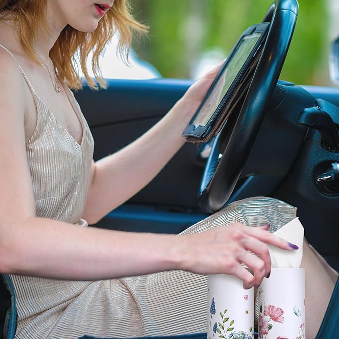 Fourluoo 12 Pack Spring Wildflower Cylinder Tissues for Car Floral Round Cylinder Holder with 3 Ply Facial Tissues for Spring Travel Home Bathroom Office Accessories