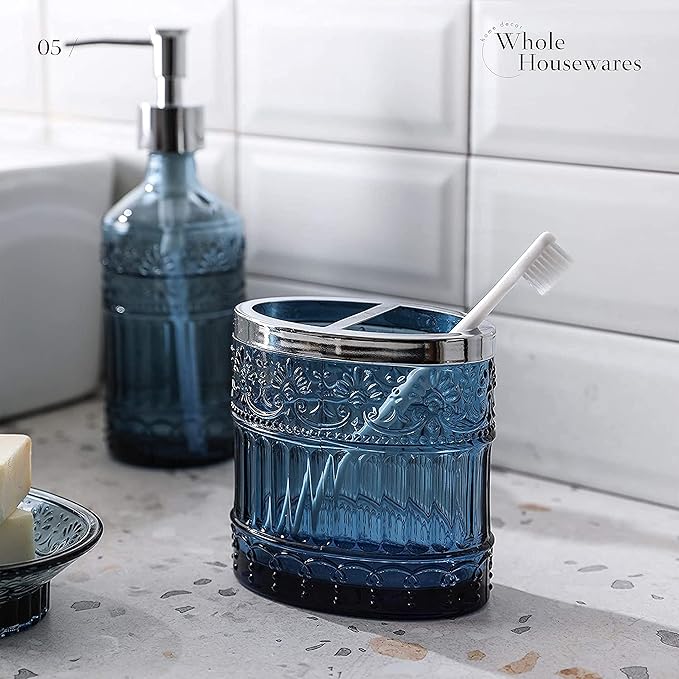 4-Piece Bathroom Accessories Set - Blue Glass Decor Set - WHOLE HOUSEWARES Soap Dispenser, Toothbrush Holder, Vanity Tray and Jar - Elegant Boho Bathroom Countertop Organizer