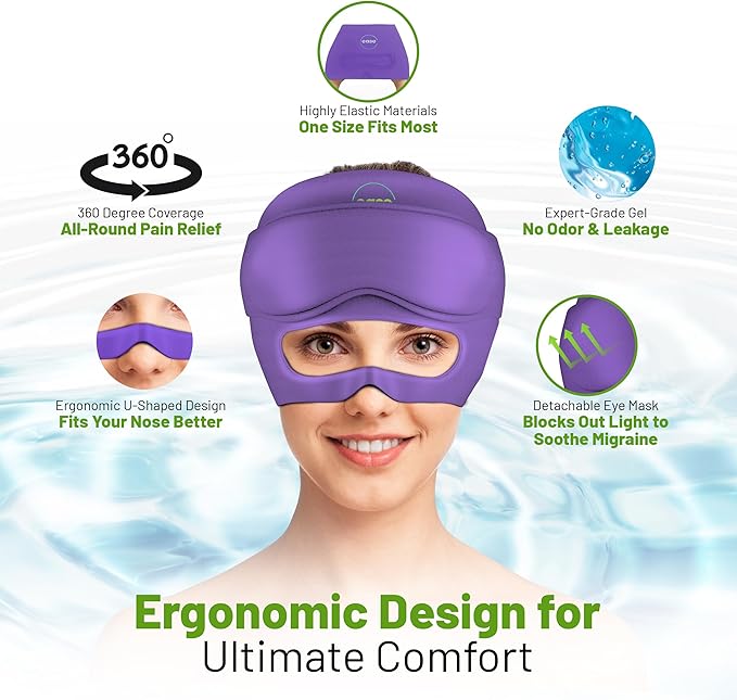 Migraine Relief Cap - 2 in 1 Soothing Headache Relief Cap with Detachable Eye Mask 20% Extra Gel - Headache Hat for Migraines - Cold Ice Head Wrap Products for Stress, Tension, Hangover & Puffy Eyes