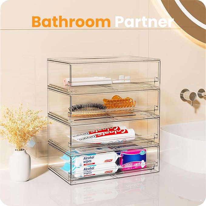 A-LuGei 【𝟮𝗣𝗖𝗦】 Acrylic Stackable Storage Drawers, 11.8" W Makeup Organizer, Bathroom Organizer and Storage, Plastic Storage Bins for Kitchen Cabinet Pantry Medicine Fridge