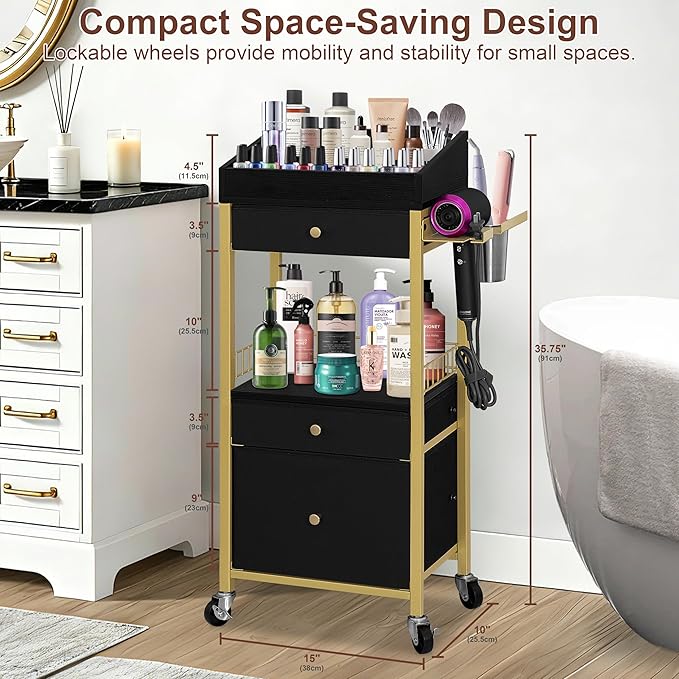 Large Makeup Cart with Detachable Hair Tool Organizer, Floor Makeup Organizer with 3 Drawers and Wheels, Cosmetic Display Cases Holder for Skin Care Perfume Nail Polish,Modern Gold & Black