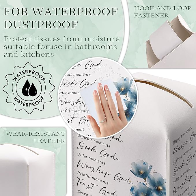 Christian Bible Verses Tissue Box Cover Square, Thank God Waterproof Leather Tissue Box Holder, Blue Flower Stylish Paper Facial Tissue Box Covers Cube for Office Bathroom Home Prayer Room