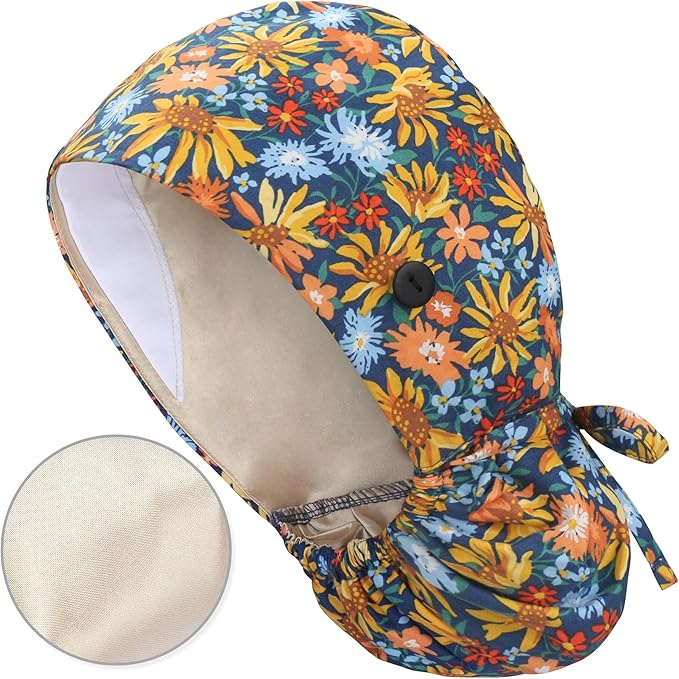 QBA Adjustable Working Cap with Button, Satin-Lined Hat, Cotton Working Hat Sweatband, Elastic Tie Back Hats Unisex