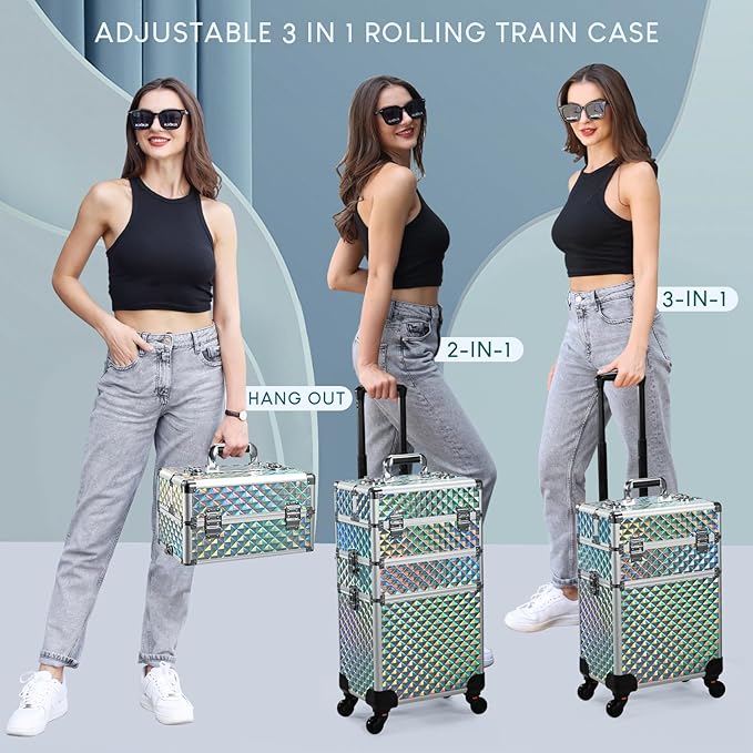 FRENESSA Rolling Makeup Case Cosmetology Case on Wheels 3 in 1 Cosmetic Trolley Large Storage Organizer Salon Barber Case Traveling Cart Trunk for Esthetician Nail Tech Mobile Stylists, Blue