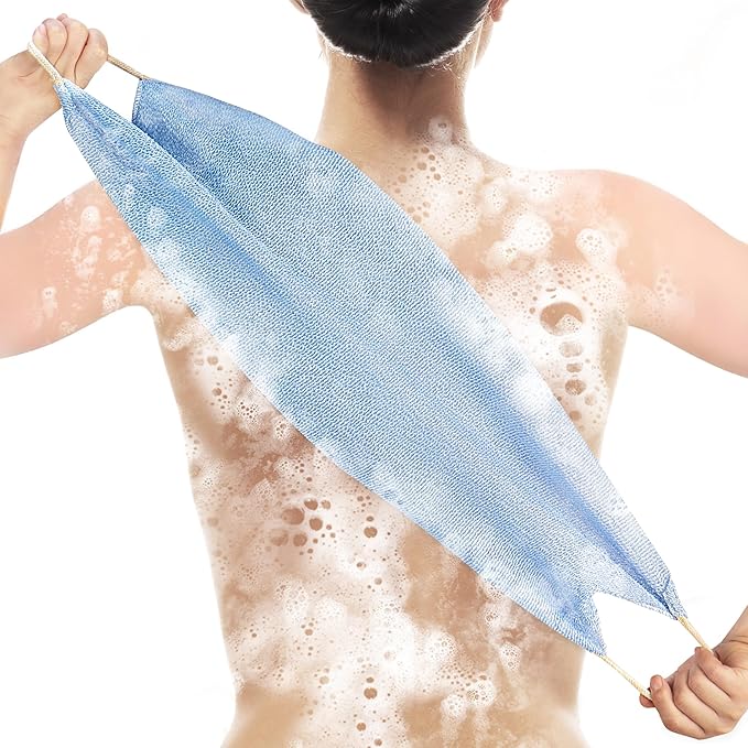 Extended Exfoliating Back Scrubber with Handles, Nylon Cleaning Exfoliator Washcloth for Body, Stretchable Pull Strap Soft Quick-Drying Rough Scrub Towel, Blue