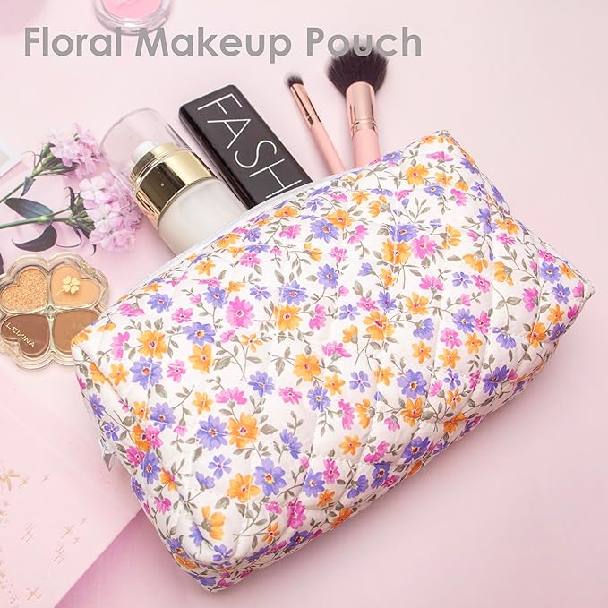 PAZIMIIK 2PCS SET Vintage Quilted Makeup Bag Cosmetic Pouch for Brushes Pencils and Travel Make Up Accessories for Women and Girls,Little flower