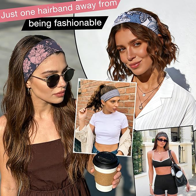 8 Pack Headbands for Women Non Slip - Stylish Sports Hair Bands for Women's Hair - Soft Cotton Cloth Stretchy Headbands for Women for Yoga, Outdoor Exercise Running