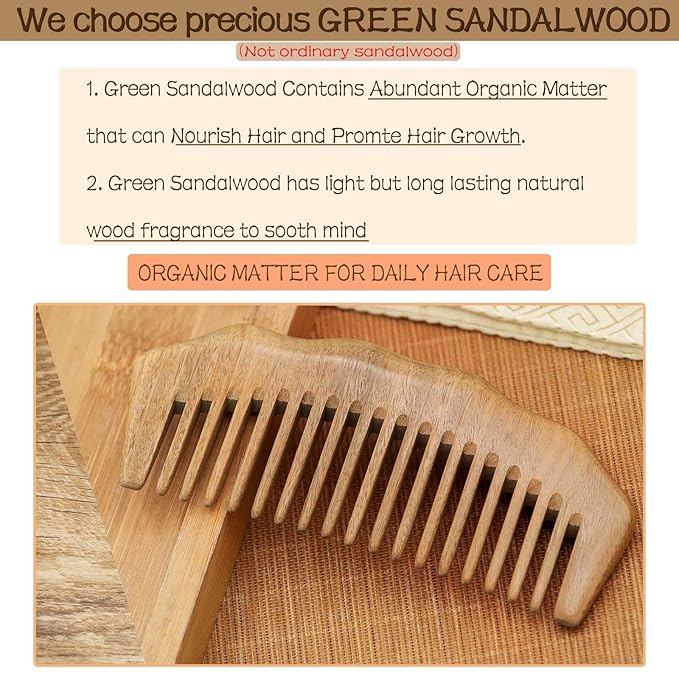 2 Pack Wooden Comb, Beard Comb for Men, Hair Combs for Women - Green Sandalwood