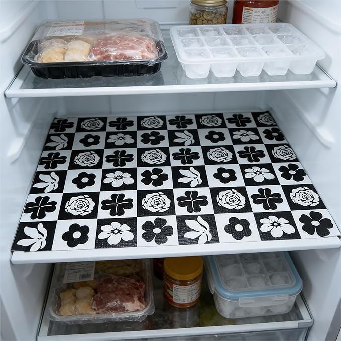 Drawer and Shelf Liner for Kitchen Cabinet,Non Adhesive Anti-Slip Double Layer PVC Waterproof Easy Clean for Dresser Bathroom Refrigerator with Knife Tape Measure(17 in X 30 Ft Black & White Flowers)