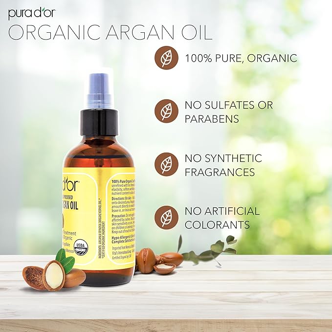 PURA D'OR 4 Oz Organic Moroccan Argan Oil – 100% Pure Cold-Pressed Virgin Grade – Lightweight Moisturizer for Skin, Face, Body & Hair Relaxer – Helps Dry Skin, Scalp Care, Split Ends, Nails & Cuticles