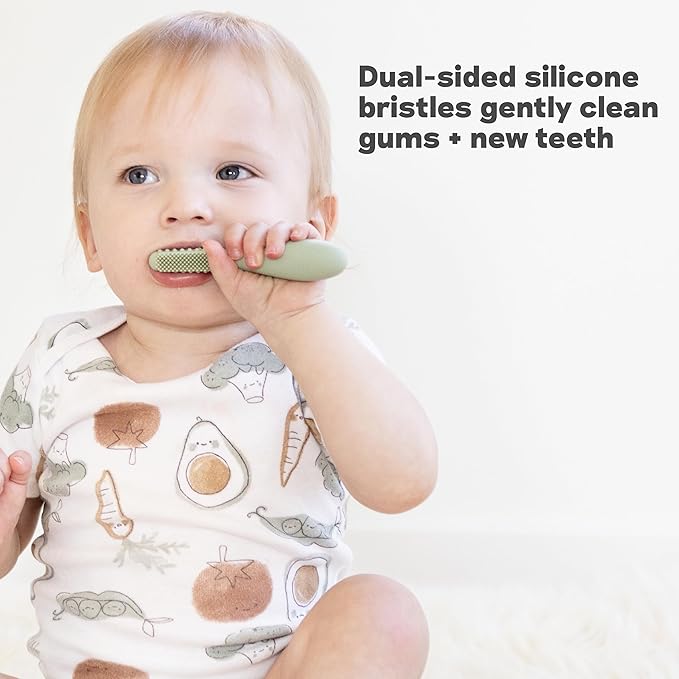 ezpz Baby-Led Toothbrush + Tongue Depressor Dual Pack (Sage) - 100% Silicone Toothbrush + Silicone/Stainless Steel Tongue Depressor - Helps Set-up Infants for a Healthy Oral Care Routine