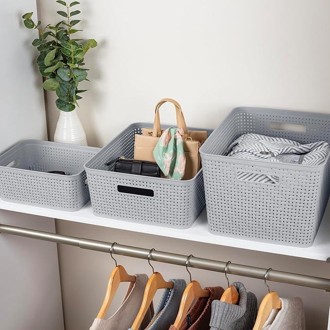 Sterilite 16 Pack Plastic Storage Bin Organization Containers, Short Baskets, Cement