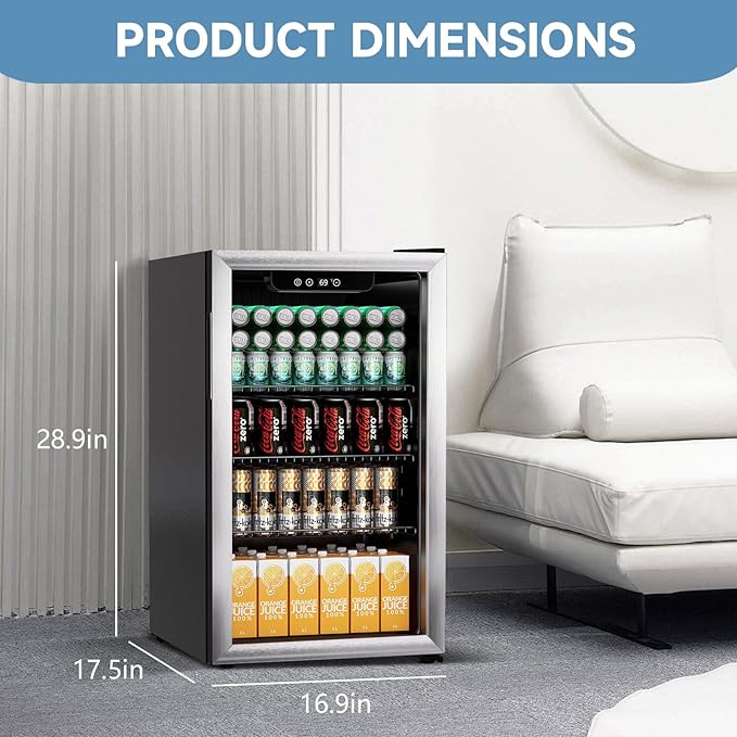 Compact Beverage Refrigerator,110 Can/3.1 Cubic Feet Fridge with Glass Door for Soda, Beer Under Counter Small Refrigerator with Adjustable Shelve & LED Display(Silver)