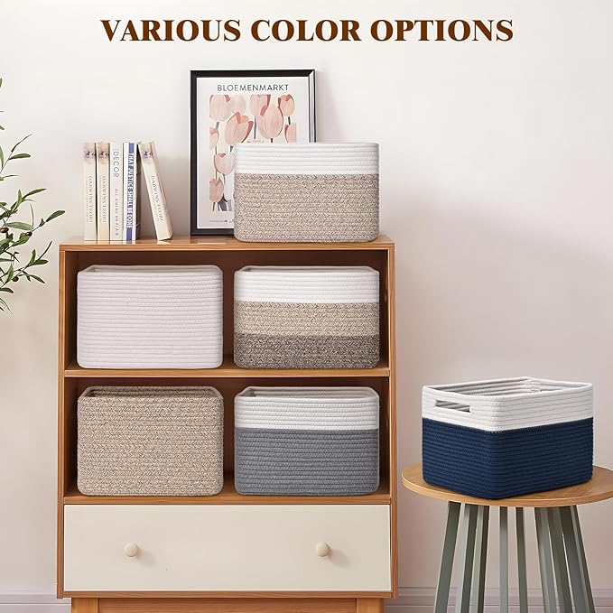 Storage Baskets for Organizing, 4 Pack Baskets for Shelves, Decorative Storage Bins for Shelves, Cotton Rope Storage Basket with Handles, Woven Basket for Storage, 13''Lx8.7''Wx7.9''H, White