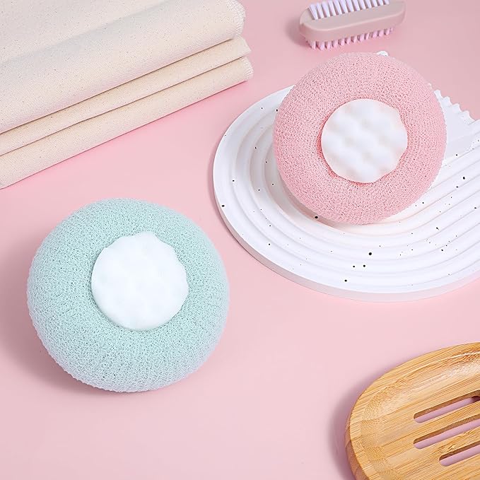 2 Pcs Soft Sunflower Suction Cup Bath Ball Bath Body Brush Exfoliating Mesh Bath Sponge Cleaning Scrubber Bath Sponge Brush with Comfortable Non-Slip Handle (Blue + Purple)