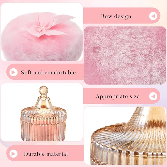 Tioncy 3 Pcs Large Body Powder Puff and Container Valentine's Day gift Powder Container with Puff Crystal Case Soft Washable Reusable Velour Face Body Glitter Wet Dry Makeup(Classic,Amber)