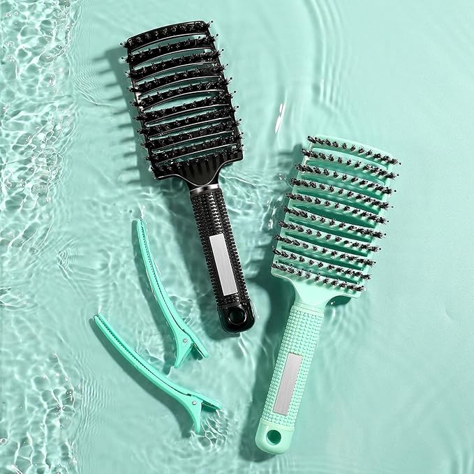 Curved Detangler Brush for Women Kid Men, 2 Pack Boar Bristle Vented Hair Brush Set with Clips for Fine Thick Hair Smoothing, Detangling, Faster Blow Drying