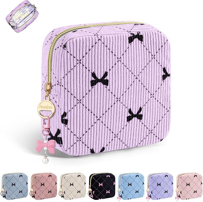 Period Bag for Teen Girls, Corduroy Cute Sanitary Napkin Storage Bag, Menstrual Pad Pouches Tampon Holder for Purse (Purple-Bow Tie)