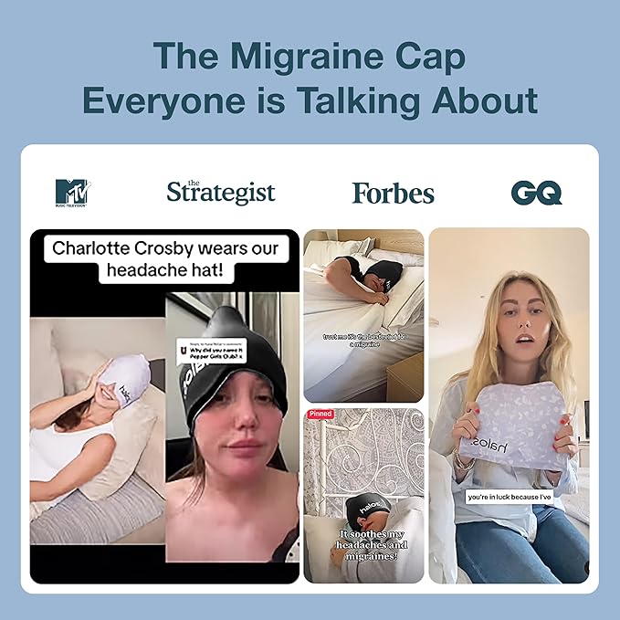 MyHalos® Migraine Relief Cap – 30% Thicker Ice Hat 2X Cooling Gel, Headache & Sinus Ice Pack Wrap, Cold Therapy for Migraine, Tension, Hangover, Facial Pain, Strap-Free, Odor-Free Storage Included