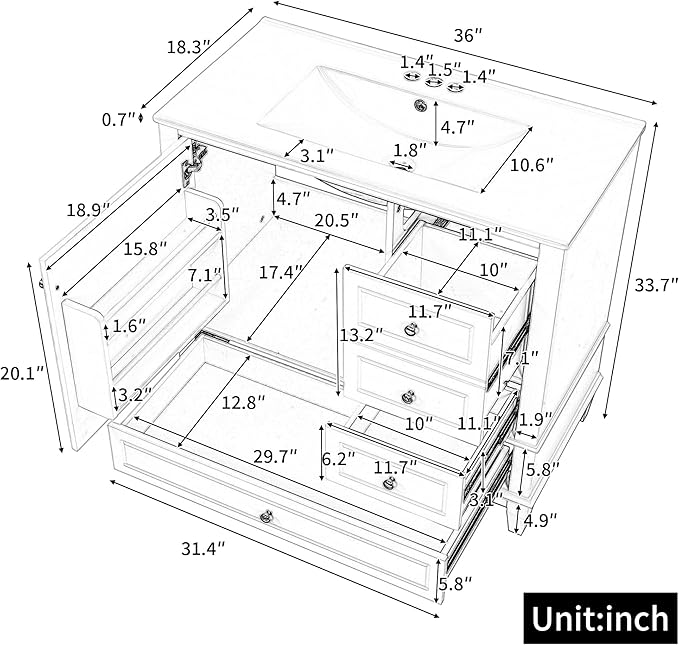 36" Bathroom Vanity with Sink, Harper & Bright Designs Free Standing Single Vanity Set with 3 Drawers and One Door with Storage Racks, Solid Wood Storage Cabinet with Ceramic Basin for Bathroom, White