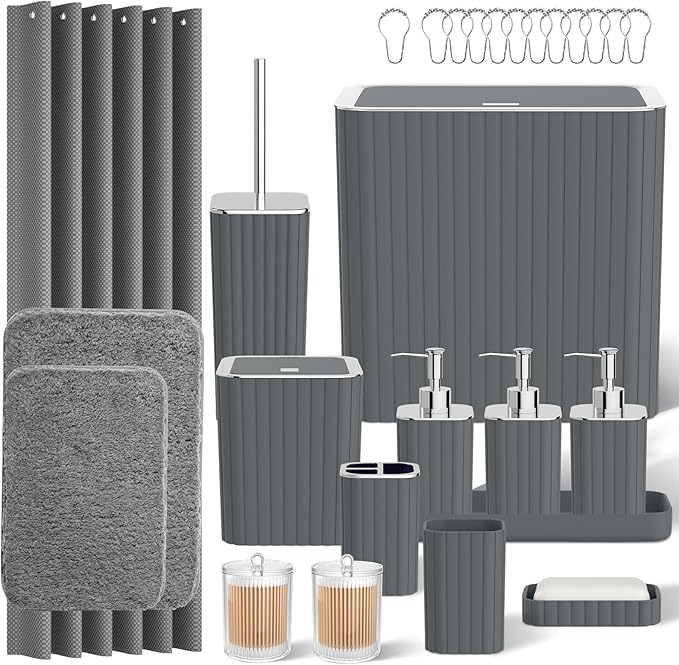 Bathroom Accessory Set - Bathroom Set, 27PC Bathroom Accessories Set, Grey Bathroom Sets with Shower Curtain and Rugs, Mini Trash Can, Toilet Brush, Trash Can & Soap Dispenser