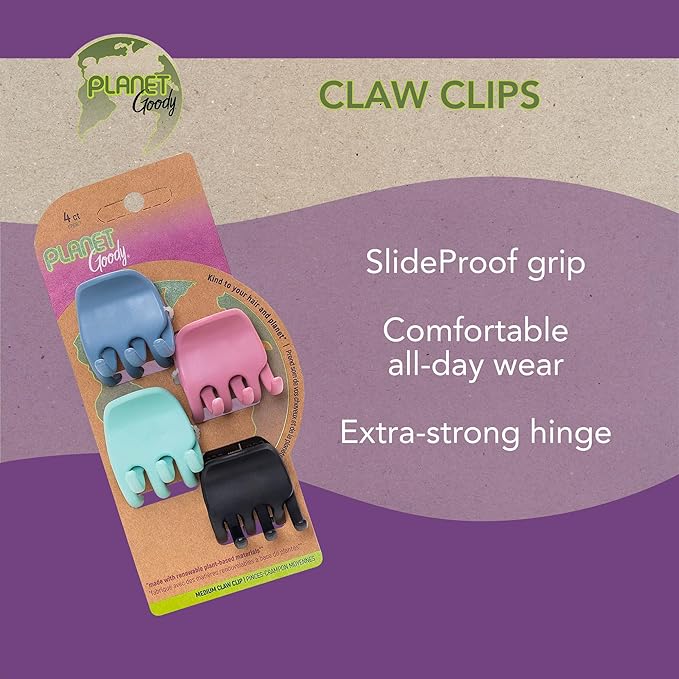Planet Goody Plant-Based Heritage Claw Clips, Medium, Extra Strong, Bright Colors, Pink, Periwinkle, Green, And Black, 4 Count (Pack of 2)