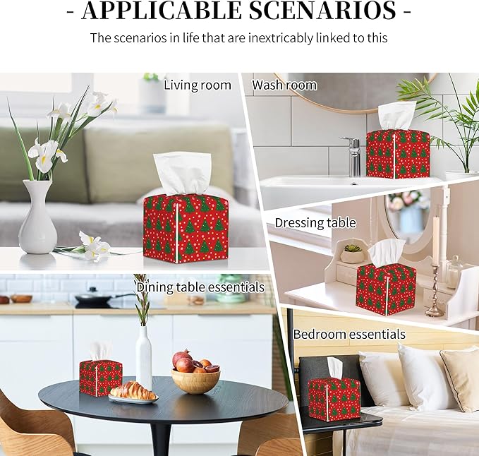Christmas Tree and Snowflakes Tissue Box Cover Square,Red Green Christmas Pine Tree Tissue Box Holder Waterproof Leather Facial Paper Organizer Dispenser for Bathroom Home Car Nightstand Vanity Desk