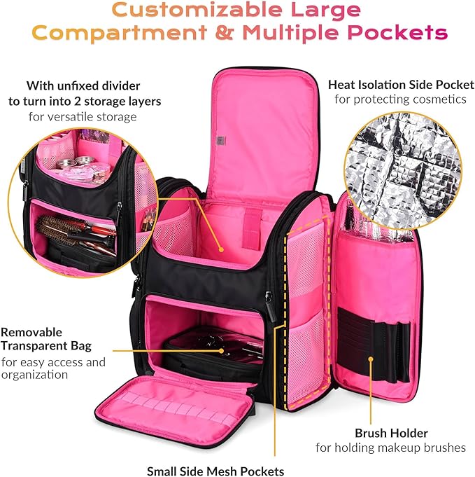 BYOOTIQUE Rolling Makeup Train Case with Backpack Travel Cosmetic Bag, Pink