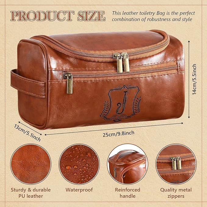 Sadnyy Personalized Leather Toiletry Bag for Men Initial Travel Bag with Hook Monogrammed Toiletry Pouch Leather Travel Bathroom Kit with Side Handle for Him Dad Husband Anniversary Birthday Gifts(J)