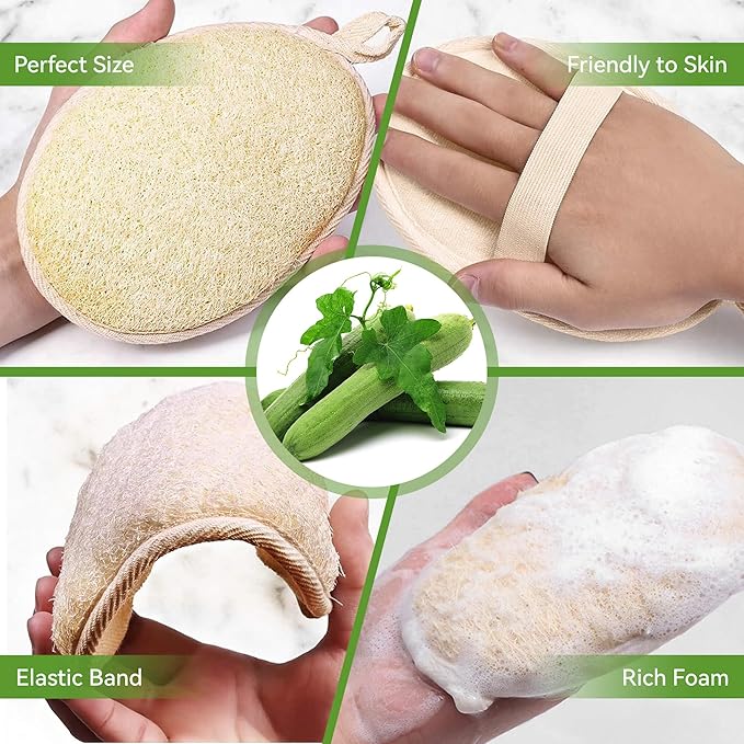 Natural Loofah Sponge Exfoliating Body Scrubber (2Pcs), Loofah Exfoliating Facial Scrubber(2Pcs), Made of Natural Luffa and Terry Cloth, Suitable for Bath Shower Loofah Sponge on Body and Face