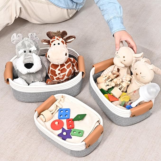 Storage Baskets for Organizing, Small Woven Basket Set of 6-4 Shelf Basket with Leather Handle and 2 Small Gift Baskets, Cotton Rope Basket for Shelves, Nursery, Dog Toy, Bathroom