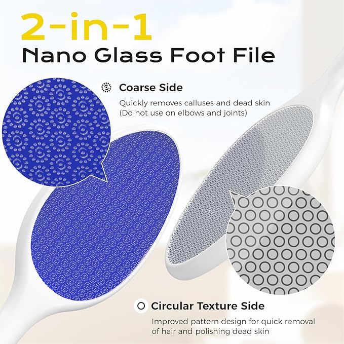 Foot File, Nano Glass Foot File Callus Remover with Handle, 2-in-1 Foot Scrubber Dead Skin Remover, Gentle Exfoliation Foot Buffer Pedicure Tools for Feet-Blue