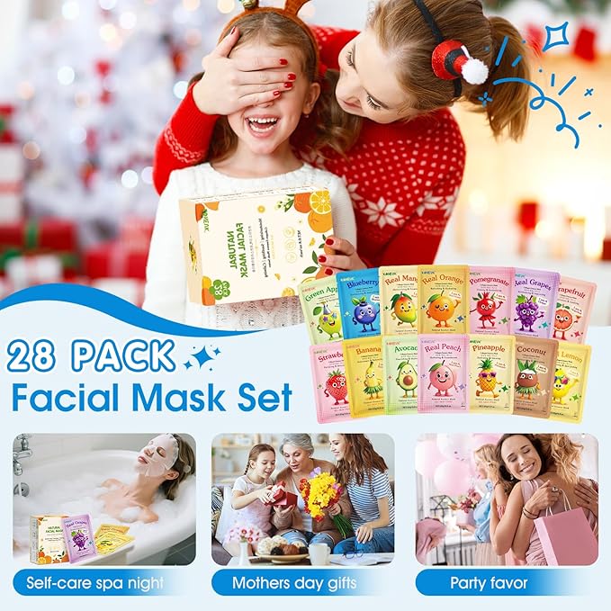 28 Pack Fruit Face Masks Skincare for Kids Girls, Sheet Collagen Face Mask for Women Skin Care, Bulk Hydrating Facial Mask for All Skin Types, Easter Basket Stuffers and Party Spa Gifts for Teens
