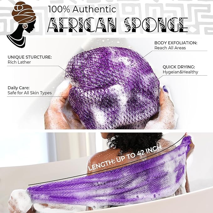 African Net Sponge Authentic - 2 Pieces Exfoliating Body Scrubber Bath Sponge - Loofah Washcloth Back Scrub for Shower Body Exfoliator - Face & Skin Care Bathroom Essentials for Women