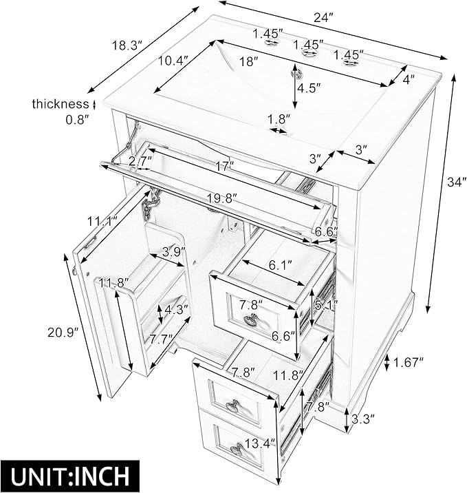 Harper & Bright Designs 24" Bathroom Vanity with Sink, Free Standing Bathroom Vanity Set with Flip Drawer, 2 Drawers, and Storage Rack, Wood Storage Cabinet with Ceramic Basin for Bathroom, Green