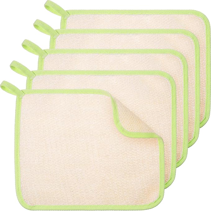 Tatuo 5 Pcs Exfoliating Face and Body Wash Cloths Towel Weave Bath Exfoliating Scrub Massage Bath Cloth for Women and Men, 10.63 x 9.05 Inch(Green Edge)