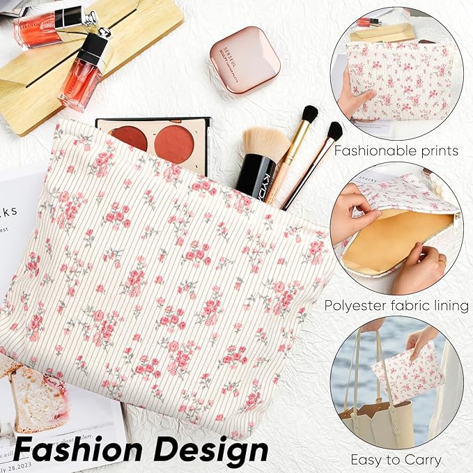 Cute Makeup Pouch for Women Flower Small Make Up Bag for Purse Zipper Initial Cosmetic Bags Pouches for Purse Aesthetic Travel Toiletrybags Gift,Red Floral