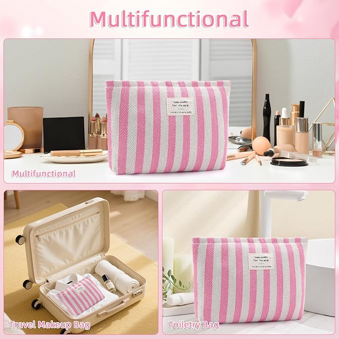 ZLFSRQ Striped Makeup Bag Large Canvas Travel Makeup Bag for Women Cosmetic Pouch Cute Pink Striped Make Up Pouch for Purse Y2k Aesthetic Trendy Zippered Toiletry Bags Gift Skincare Storage Organizer