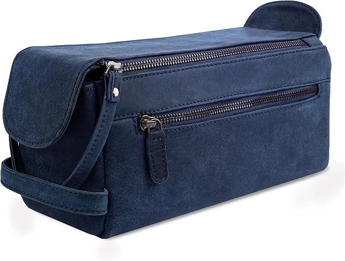 LEATHER VILLAGE Genuine Leather Travel Toiletry Bag - Water-Resistant Dopp Kit for Toiletries, Large Shaving Bag & Bathroom Organizer - Gift for Men & Women - Royal Blue