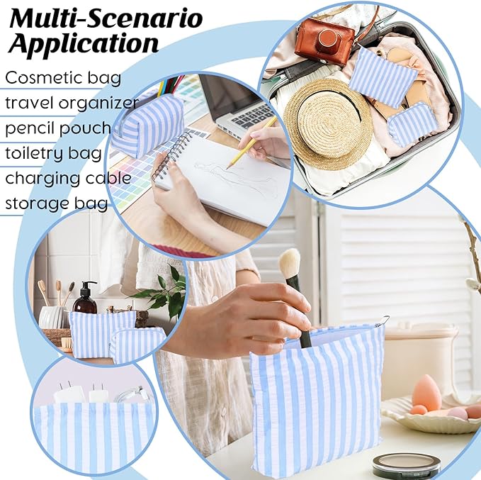 2 Pcs Makeup Bag Set Cute Cosmetic Pouch for Women Seersucker Travel Toiletry Bag Preppy Small Makeup Purse Pouch Aesthetic Skincare Brushes Storage Organizer for Valentine Women(Blue Wide)