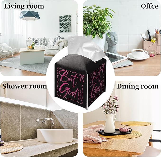 Grace Yonks Cute Tissue Box Cover Square - “But God” Christian Quote in Pink on Black Design 5.2" PU Leather Holder for Vanity, Desk, or Bathroom Counter - Cube Case for Facial Tissues(023)