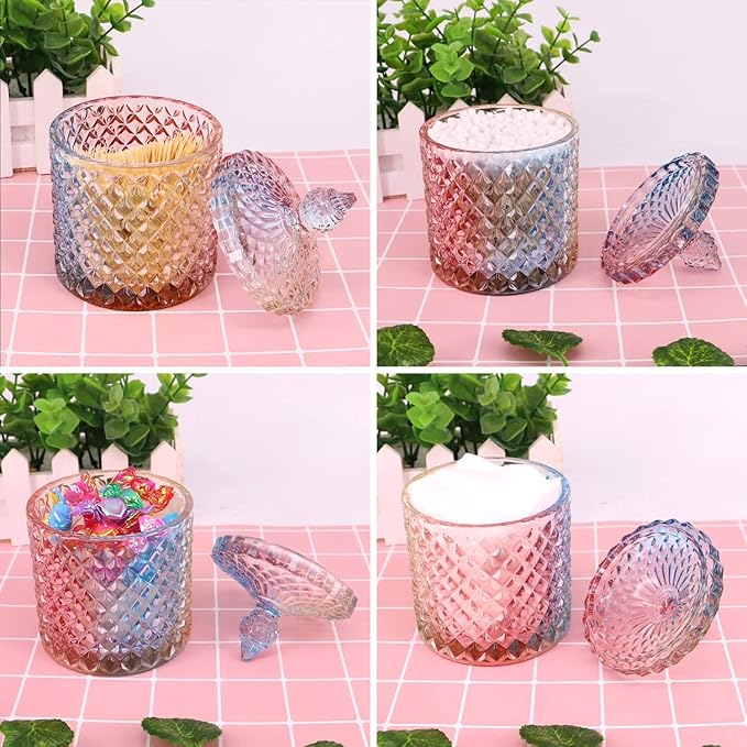 Colorful Home Decorative Jar Qtips Holder Dispenser Glass Storage Container Bathroom Counter Vanity Organizer for Bath Salts/Swabs/Rounds Makeup Sponges Toothpick Jewelry(Rainbow, 20 oz)