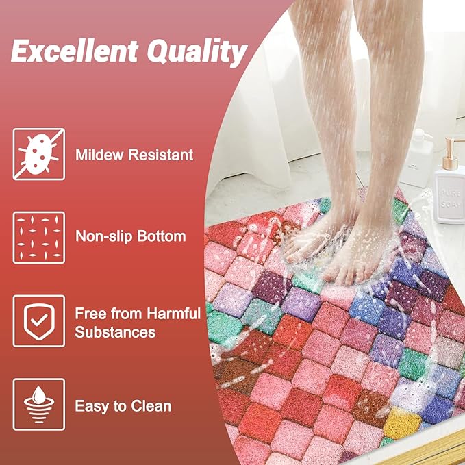 Shower Mat Non-Slip, 24x 24 Inch Square, Soft Comfort Bath Mats with Drainage Holes, PVC Loofah Massage Shower Floor Mat for Shower, Bathroom, Wet Areas, Quick Drying